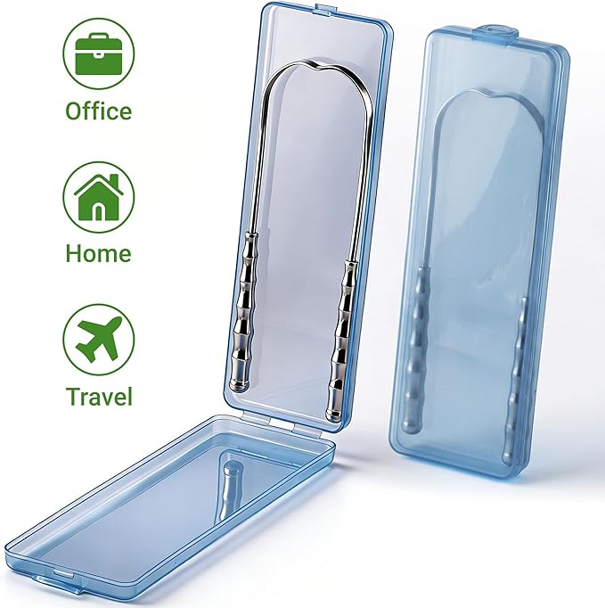 Metal Tongue Scraper for Adults & Tongue Cleaner (2 Pack), Stainless Steel Scrapers with Travel Cases, Reduce Bad Breath & Remove Tongue Coating, Smooth U-Shape Design
