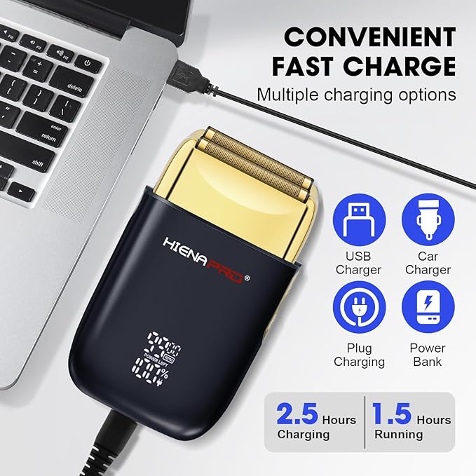 HIENA PRO Foil Shaver for Men Barber, Double Electric Foil Trimmer, Professional Electric Razor, Close Shaver, Cordless Rechargeable with USB, Detachable Design, LED Display, Black Gold