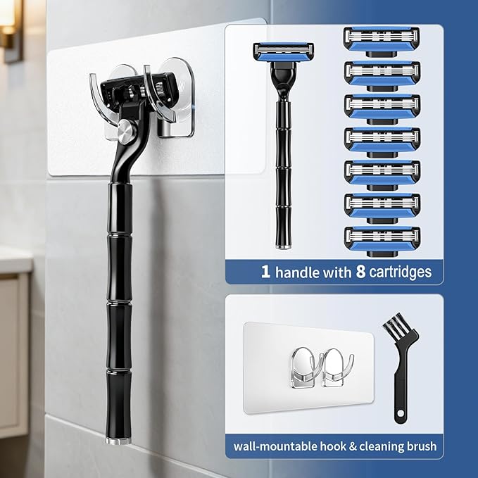 Men's Razor Blade Refills, 8 Count, 3-Layer Ceramic Coated Blades with Lubricating Strip, Matching Handle, Wall Hook & Cleaning Brush Included for Smooth Shaving