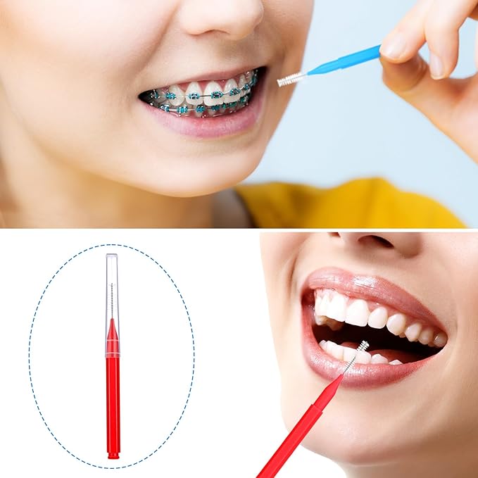 Patelai 100 Pieces Braces Brush for Cleaner Interdental Brush Toothpick Dental Tooth Flossing Head Oral Dental Hygiene Flosser Toothpick Cleaners Tooth Tool(Blue, Red,Suitable Size)