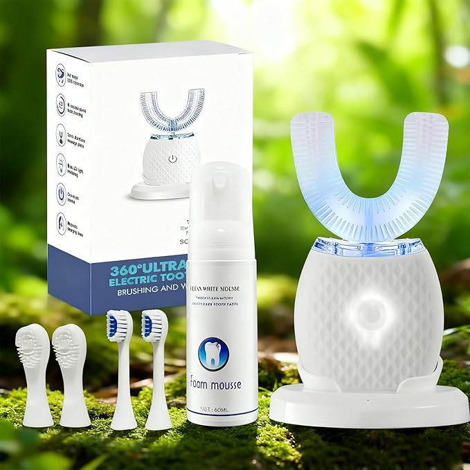Ralexidog Smart U-Shaped Toothbrush for Adults, Automatic 360° Ultrasonic with Foam Mousse, Hands-Free, 4 Brush Heads, Blue LED Light, All-in-One Charging Base Kit (White)