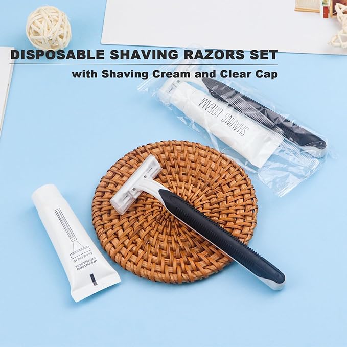 Disposable Razors in Bulk Pack of 120,Black Disposable Shaving Razors Individual Wrapped Twin Blade Bulk Disposable Razors with Clear Cap and 10gShaving Cream for Homeless,Hotel,Travel,Charity,Shelter