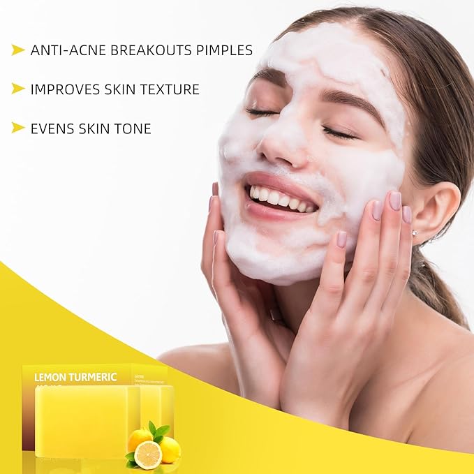 Lemon Turmeric Kojic Acid Soap Bar, Turmeric Soap for Face Body Hands, Deep Cleansing Natural Curcuma Bath Soaps Bar, Moisturizing Facial Cleanser Body Wash for All Skin Types Blemish 2 Bars
