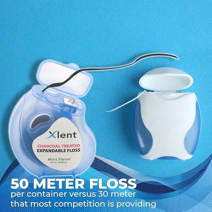 Xlent Expandable Floss Treated Activated Charcoal, Xylitol Natural Based Wax Fresh Mint Flavor | 3 Count (1 50 m Floss Blue Container Plus 2 50 m Refill Bobbins), 3 Count (1 Blister Card+2 Refill)