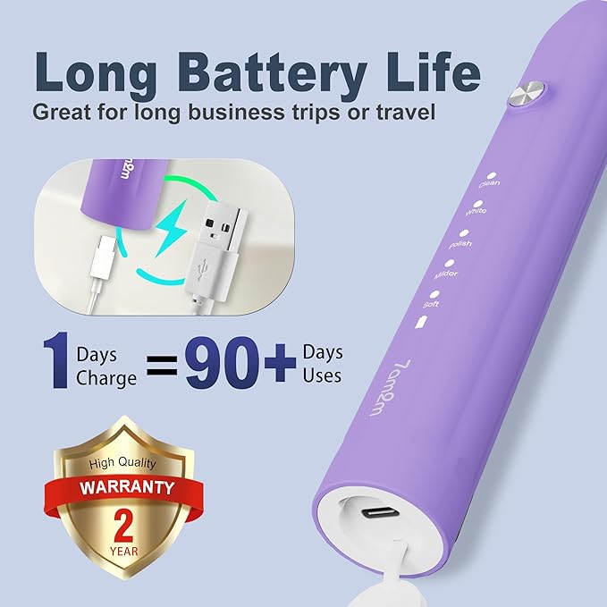 7AM2M Sonic Electric Toothbrush for Adults and Kids, with 8 Brush Heads and Travel Case,5 Modes with 2 Minutes Built in Smart Timer, One Charge Use for 90 Days, Rechargeable Toothbrushes (Purple)