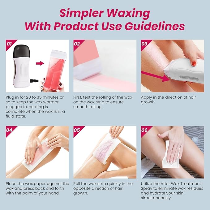 Roll On Wax Kit, Portable Wax Roller Kit for Hair Removal, Beginners Waxing Kit Soft Heater for All Skin Types with 3 Pcs 100g Roll on Cartridge, 100 Non-Woven Strips & 10 After Oil Wipes (F8_White)