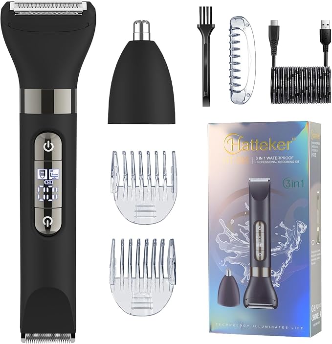 Hatteker 3 in 1 Multifunctional Dual - Head Body Hair Trimmer for Men, IPX7 Waterproof Nose/Eyebrow Trimmer, Rechargeable Body Electric Shaver Razor