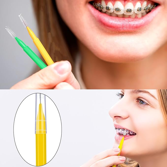 Patelai 100 Pieces Braces Brush for Cleaner Interdental Brush Toothpick Dental Tooth Flossing Head Oral Dental Hygiene Flosser Toothpick Cleaners Tooth Tool(Green, Yellow,Mixed Sizes)