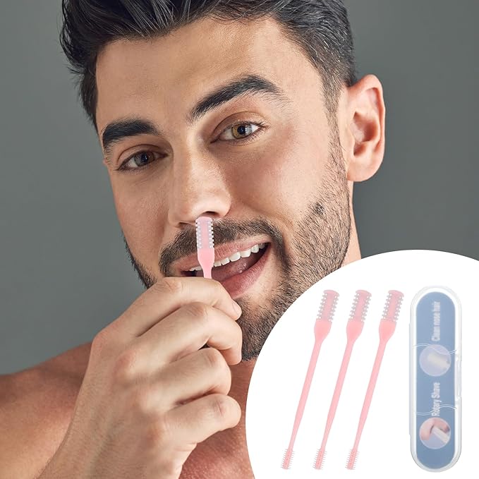 Bremorou Nose Hair Trimmer 3 Pcs Double Sided Knife Cutter 2-in-1 Nose Manual Trimmer 360° Rotating Nasal Hair Razor Portable Cutter Clippers for Men Women (Pink)