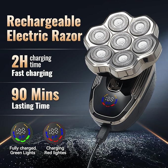 5 in 1 Head Shavers for Bald Men, 7D Skull Head Shaver with Rechargeable Battery, Electric Razor, Hair Clippers, Nose Hair Trimmer, Cleaning Brush, Hair Manager, Idea Gift for Men(Silver)