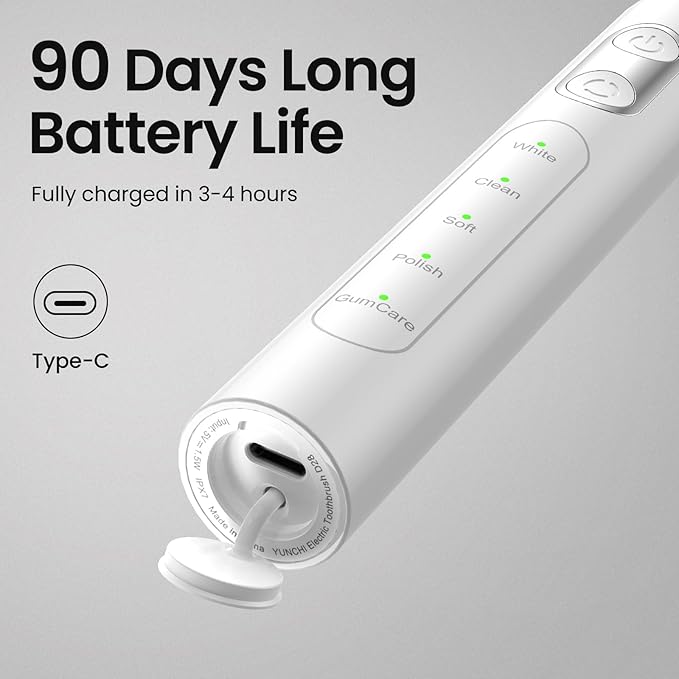 YUNCHI Electric Toothbrush for Adults and Kids, Rechargeable Sonic Electric Tooth Brush with 8 Brush Heads, 90 Days, 5 Models & 2 Minutes Smart Timer, Travel Case, 44000 VPM Motor, White