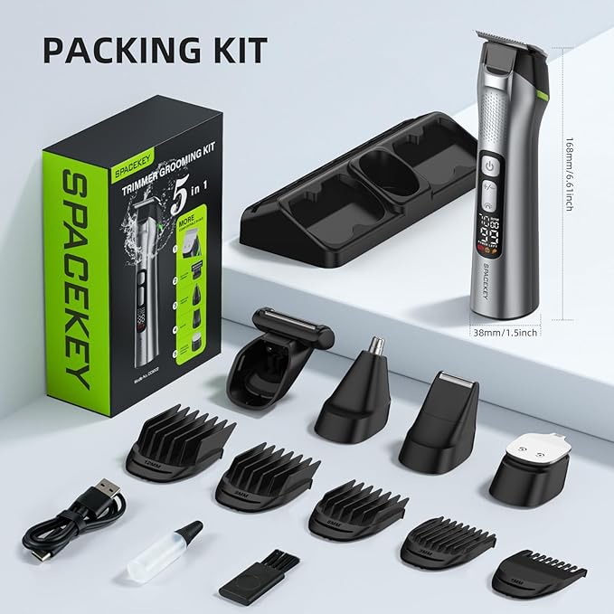 Beard Trimmer for Men, 15 Pieces Mens Grooming Kit, 5 in 1 Stainless Steel Blade Cordless Hair Clippers, 150-Min Long Runtime, IPX7 Waterproof, 3 Speeds Body Hair Trimmer for Nose, Ear, Face, Chest