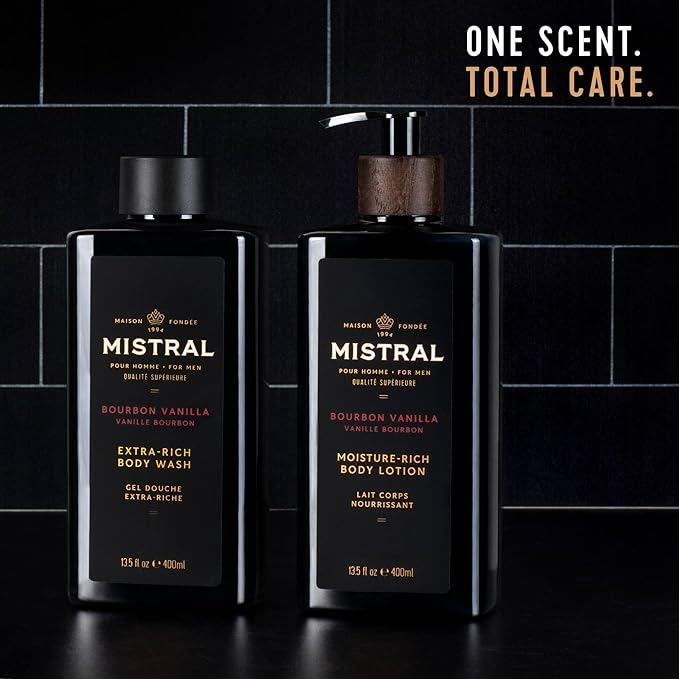 Mistral Men's Body Wash & Shampoo, Bourbon Vanilla 13.5 oz | 2-in-1 Natural Shower Gel for Men | SLS, Paraben & Phthalate Free | Natural Men’s Body Wash, Moisturizing Bath Gel - Made in France
