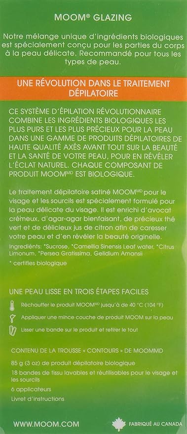 MOOM Organic Hair Removal Kit - Avocado Oil, Agar Agar & Green Tea Glaze, 18 Reusable Strips, 6 Application Sticks, 3 oz. Jar