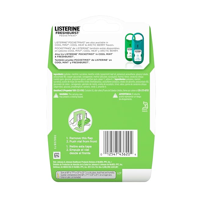 Listerine Freshburst Pocketpaks Portable Breath Strips, Dissolving Breath Freshener Strips Kill 99% of Germs That Cause Bad Breath, Portable for On-The-Go, Minty Flavor, 3 x 24-Strips