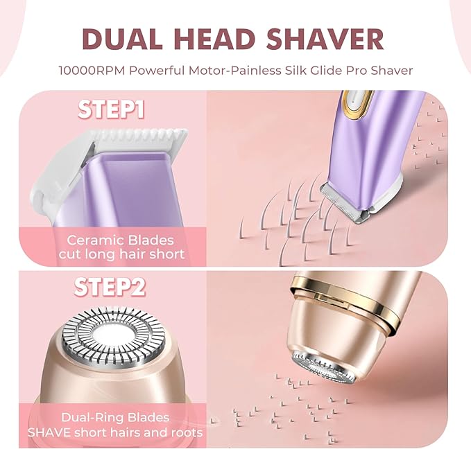 Bikini Trimmer for Women, 2-in-1 Electric Razor for Pubic Hair & Body - Painless Wet/Dry Shaver with IPX7 Waterproof, Rechargeable Cordless Groomer for Legs, Underarm & Face (Mauve)