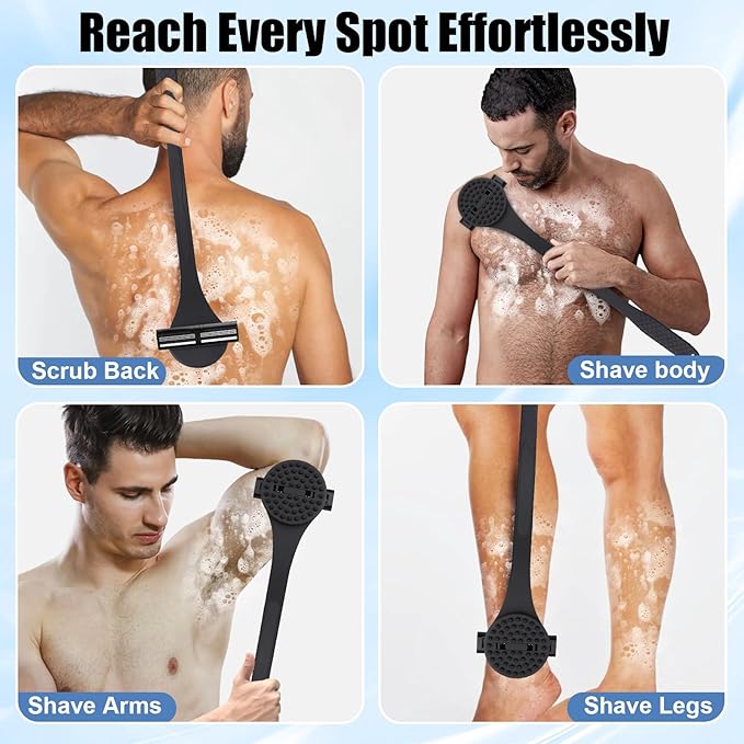 2 in 1 Back Shaver & Massage Cleaning Brush with Bendable Handle, Manual Stainless Steel Razor for Back & Body Hair Removal, Portable Wet Dry Body Groomer with 8 Pcs Replaceable Blades-Black