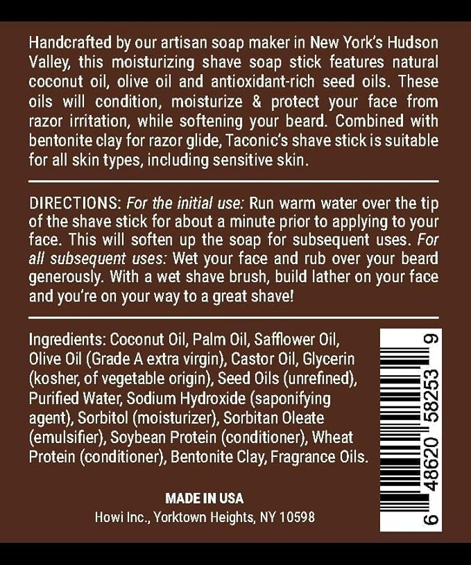Taconic Shave Shaving Soap Stick with Antioxident Rich Seed Oils for a smooth shave (Bay Rum)