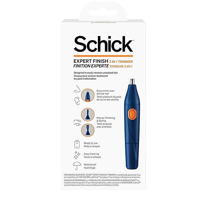 Schick Hair Trimmer, 3-in-1 Trimmer for Nose, Ear & Eyebrows, Painless Hair Removal, Cordless, Quick-Change Attachments, Waterproof, Expert Finish, Unisex Grooming