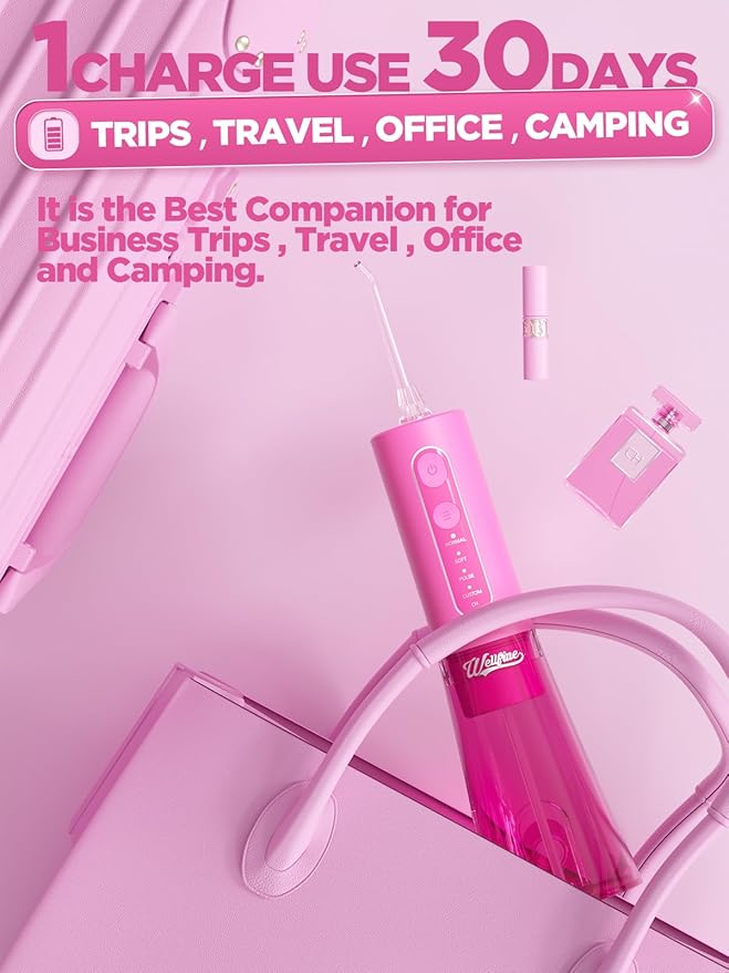 WELLFINE Water Dental Flosser Teeth Pick - 4 Modes Cordless Oral Irrigator 300ML Portable Rechargeable IPX7 Waterproof Powerful Battery Life Water Dental Piks for Cleaning for Home Travel (Magenta)