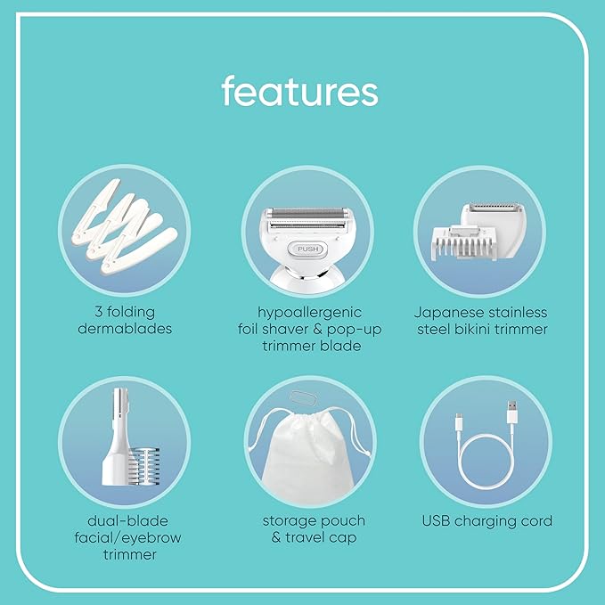 Conair Girlbomb All-in-One Shave & Trim System, Foil Shaver and Dual-Blade Face & Eyebrow Trimmer, Bikini Trimmer for Women, Gentle Hair Removal, Lithium-Ion Rechargeable with USB Charging Cord, White