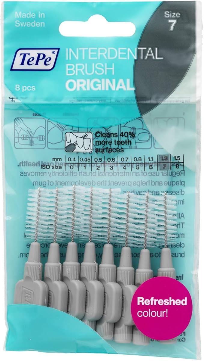 TEPE Interdental Brush, Original, Grey, 1.3 mm/ISO 7, 8pcs, Plaque Removal, efficient Clean Between The Teeth, Tooth Floss, for Narrow Gaps