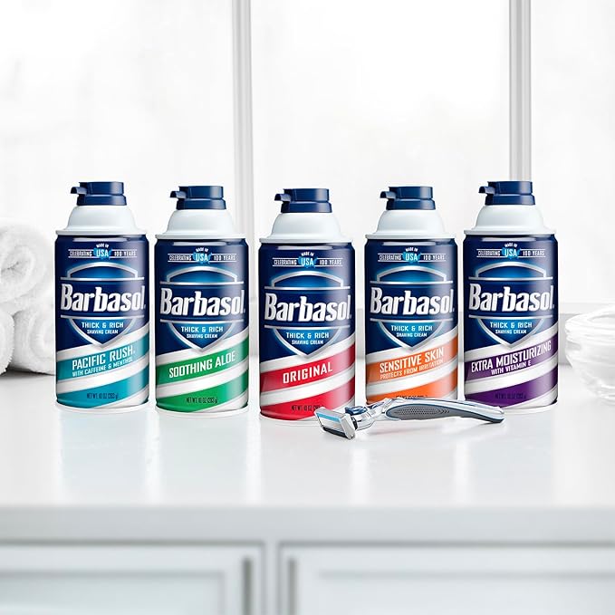 Barbasol Original Thick & Rich Shaving Cream | Shaving Foam for All Skin Types, Thick Instant Lather Protects Skin, Non-Greasy, USA Made, Fresh Scent, 10 OZ (Bulk Pack of 12)