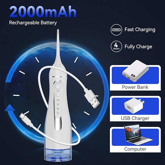 Water flossers for Teeth Pick, Portable Oral Irrigator Dental with 4 Modes 5 Jet Tips, IPX7 Rechargeable Water Tooth Flosser for Braces Sensitive Gum Care,300ml Tank for Home Travel Use