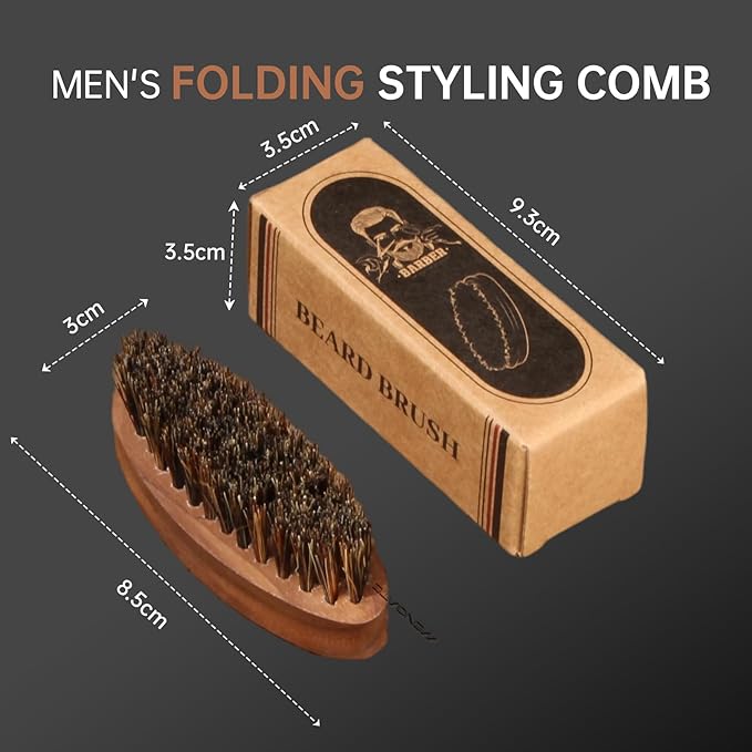 Pocket Mustache Brush and Travel Brush - Wooden Boar Bristle Beard Brush for Men with Small Metal Beard Comb, Perfect for Home and Travel Use - Samll