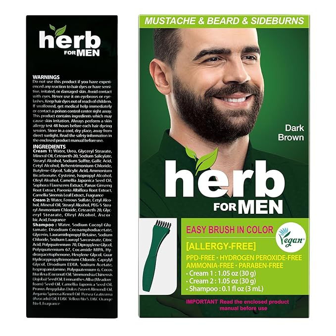 Herb For Men Mustache & Beard Dye (Dark Brown, 1 Pack), PPD-Free Ammonia-Free, Vegan with Natural Ingredients, Odorless, Gentle for Sensitive Skin, No Skin Irritation