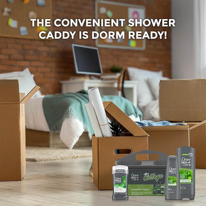 Dove Men+Care Shower Caddy College Gift Set – Extra Fresh Body + Face Wash, Deodorant for Men + Fresh & Clean 2-in-1 Shampoo & Conditioner (4 Piece Set)