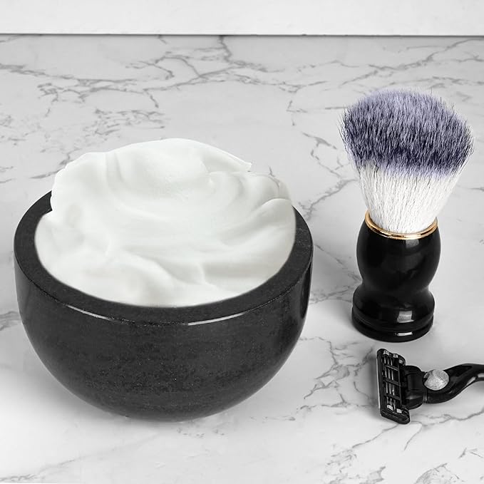 Linkidea Natural Marble Shaving Soap Bowl, Internal Groove Heat Preservation Shaving Bowl, Soap Shaving Bowl Gift for Men, Husband, Boyfriend, Dad (Black), RAC28-02