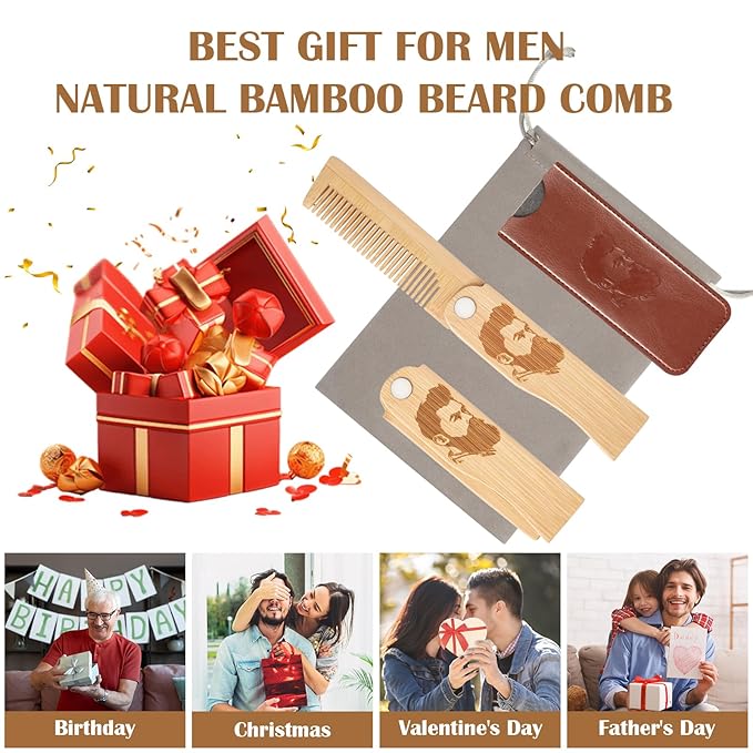 Folding Beard Comb for Men, Portable Bamboo Beard & Mustache Comb Hair Brush with Travel Pouch, Ideal Father’s Day, Birthday, Christmas Gift Stocking Stuffers for Him