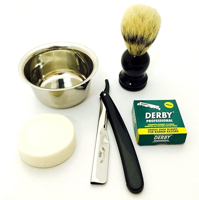 LUXURY Shaving Kit - Cut Throat Straight Shaving Razor, 100 Blade Men's Shaving Complete Set with Gift Box 5 Piece Pure Badger Hair Shaving Brush, Stainless Steel Shaving Stand