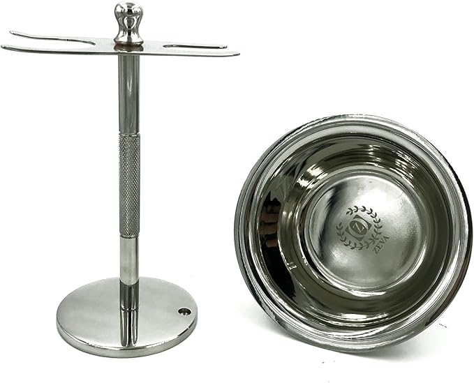 Deluxe Chrome Razor and Brush Stand - The Best Safety Stand This Will Prolong Life Of Your Shaving with Pure Bristle Drip Mens Gift Set Stainless Steel Finish Bowl Mug Hypo Allergic Soap Shaving Brush