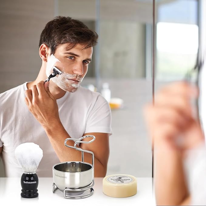 Shaving Brush Kit for Men, 4 in 1 Shaving Brushes Set Includes Nylon Bristle Shave Brush, Shaving Bowl & Stand and Shaving Soap Kit for Men’s Shave Gift