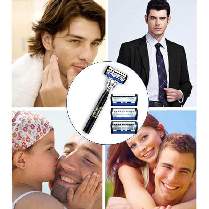 Upgrade 7-Blade Razor for Men, 7 Layers of Razor Blades, 1 Razor Handle + 3 Blade Refills, Dual Lubrication & Precision Trimmer, Lubrastrip for Comfortable Shave
