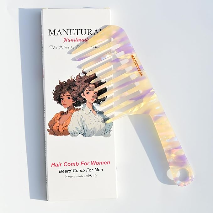 D1 | Wide Tooth Handle comb for Curly Hair| Elevates, Preserves Curl, Eliminates frizz, Acetate comb(White Purple)