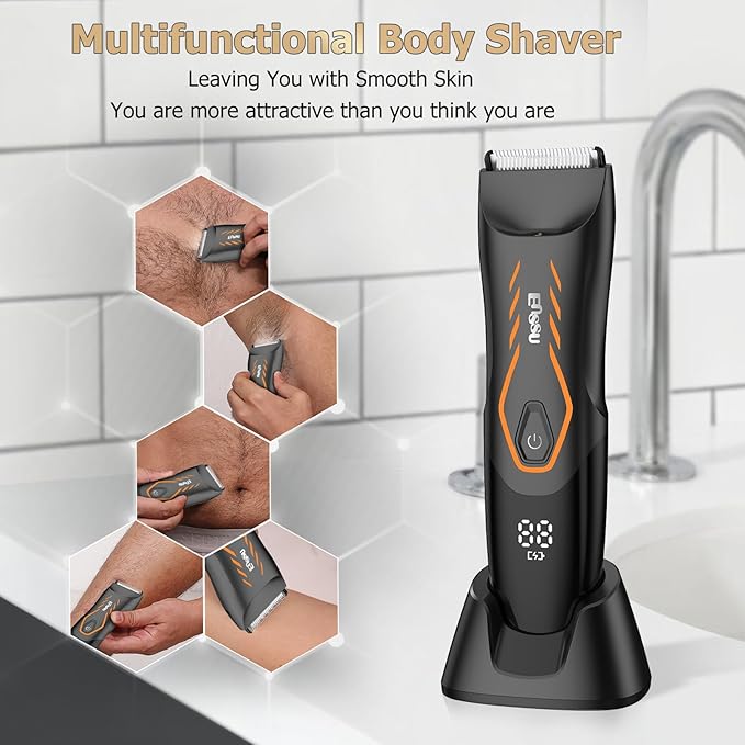 Manscape Body Hair Trimmer for Men, Pubic Groin Hair Trimmer for Men with Safe Blade,Cordless Ball Shaver w/Light, Charging Dock,Waterproof Body Groomer Man,LED Display,1H Charge,Orange