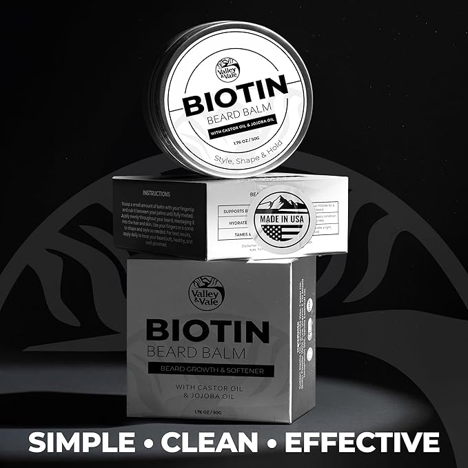 Biotin Beard Balm for Men – Made in USA – Beard Growth & Moisturizer with Castor Oil & Jojoba Oil – Organic Styling Wax for Thickening & Softening – Mustache Conditioner
