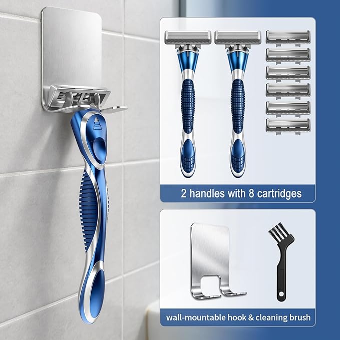 6-Blade Manual Razor for Men with Lubricating Strip, 2 Ergonomic Non-Slip Handles Includes 8 pack Razor Blade Refill Cartridges, with Hanging Hook & Cleaning Brush, Full Washable Dsign