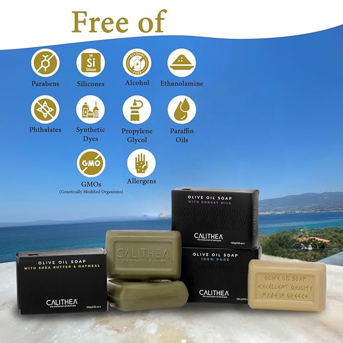 Calithea 3 Pack Olive Oil Based Soap Bars: 100% Pure Olive Oil Soap, Donkey Milk, and Shea Butter & Oatmeal Soap Bars