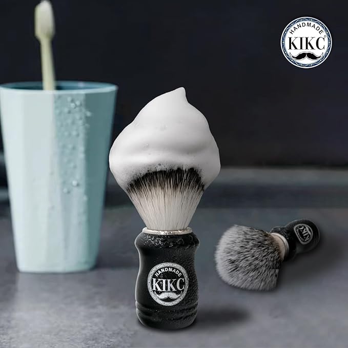 Hand Crafted Shaving Brush for Vegans, Synthetic Hair Bristle for Wet Shave, Comfortable ABS Handle Black Color, Best Gift for Bearded Man