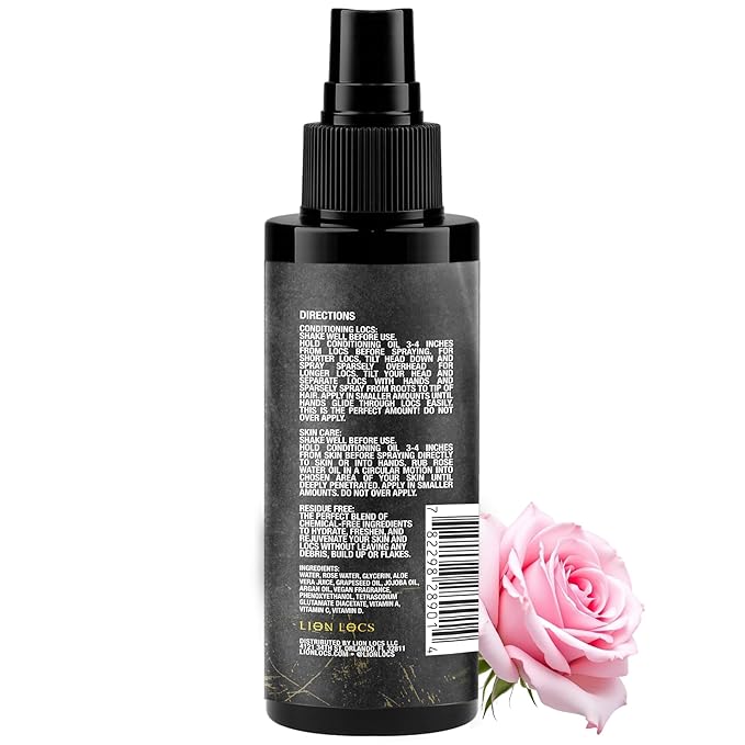 Lion Locs Rosewater Spray for Dreads, Dreadlocks, Braids, Faux, Crochet, Sisterlocks with Aloe, Essential Oils, Vitamins, and Glycerin | Organic Vegan Conditioner Rose Water Spritz (8 oz.)