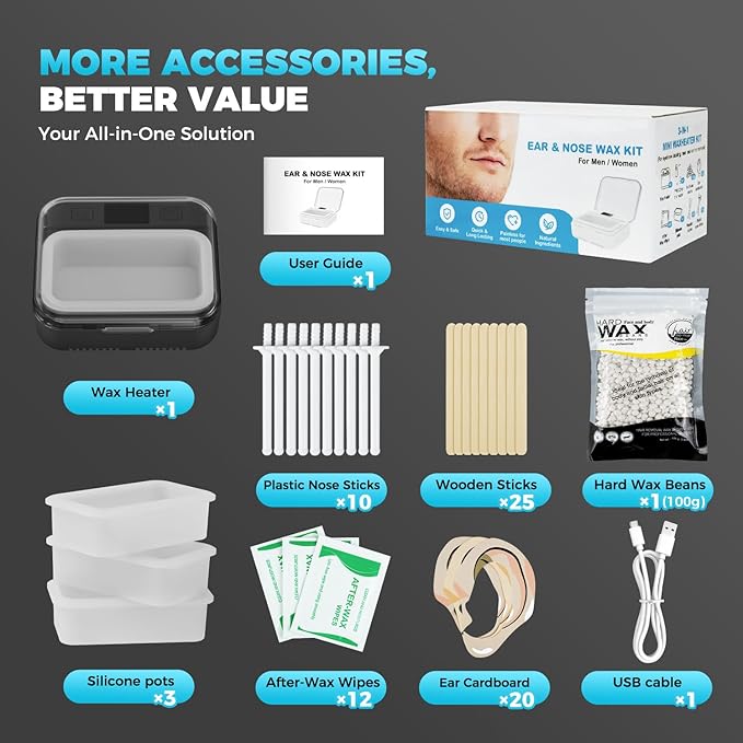 Nose Wax Kit Men,Nose Hair Waxing Kit with Adjustable LED Display,Ear Hair Removal Kit for Men Women 100 g Wax 70 Applicators,Constant Temp,USB Heated,Pocket-Size,Black