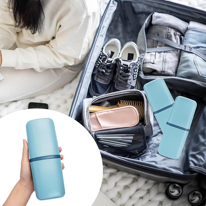 Travel Toothbrush Cup Case Portable PP Seal Tooth Brush Holders Cover Multi-Function Toothpaste Storage Container Cup for Home School Camping Business Trip Bathroom (Blue)
