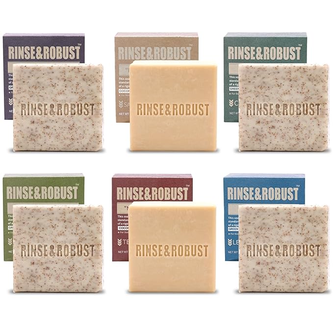 Rinse & Robust Mens Natural Bar Soap 6Pcs Handmade Cleansing Moisturizing&Exfoliating Scrub Soap Set Gifts for Men Body&Hand All Skin Type 6 Different Scents 5.3 oz of 6 Bars