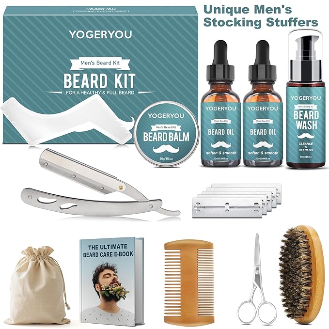 Beard Kit,Beard Grooming Kit for Men W/Straight Razor,2 PACK Beard Oil, Wash, Balm, Brush, Comb, Scissors Mens Birthday Christmas Gifts for Men Boyfriend Husband Beard Trimming Shaving Kit