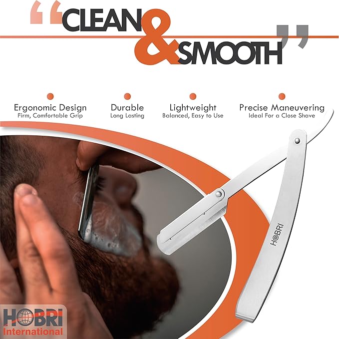 Premium Barber Straight Edge Razor with 10 Blades Men's Manual Shaver Modern Silver Stainless Steel Unisex Adult