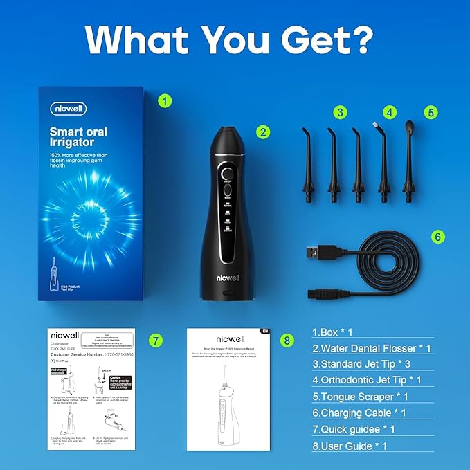 Nicwell Water Dental Flosser for Teeth - 4 Modes & 11 Pressure Settings Cordless Portable Oral Irrigator, IPX7 Waterproof Rechargeable with 5 Tips for Braces Cleaning, Travel, Deep Teeth Cleaning